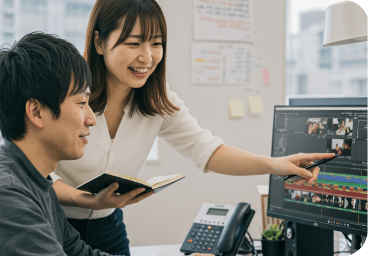 オフィスで動画編集をする男性と、それをチェックする女性の写真